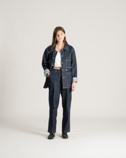 Four Pocket Chore Coat Dark Denim -Dress store Spring 21 On Model Hi Res 481